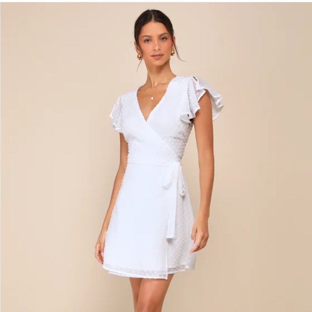 Lulus Much to Celebrate White Swiss Dot Flutter Sleeve Wrap Mini Dress